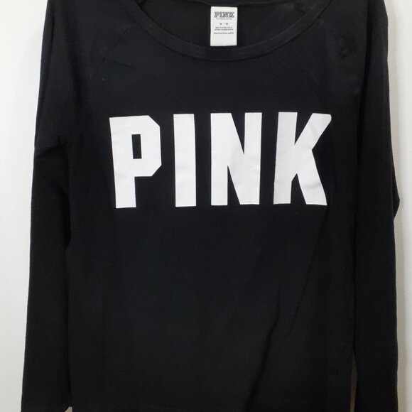 PINK Victoria's Secret Tops - Victoria's Secret PINK Shirt Long Sleeve Black, White Logo SZ Med Cotton Hi Lo